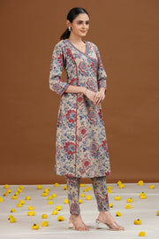 Off White Floral Printed A-Line Cotton Co-ord Set