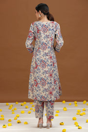 Off White Floral Printed A-Line Cotton Co-ord Set