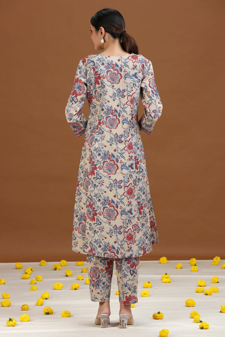 Off White Floral Printed A-Line Cotton Co-ord Set