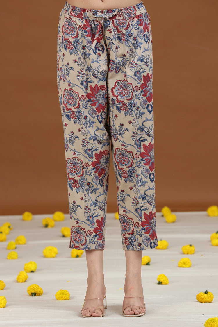 Off White Floral Printed A-Line Cotton Co-ord Set