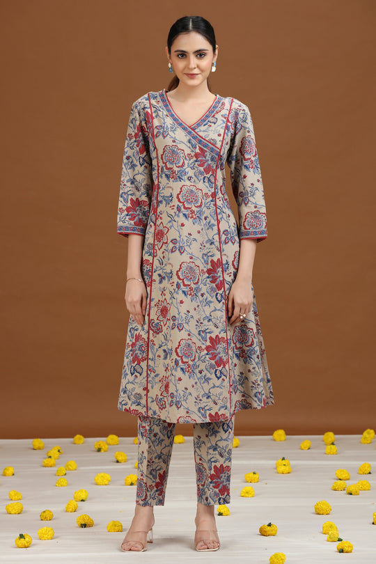 Off White Floral Printed A-Line Cotton Co-ord Set