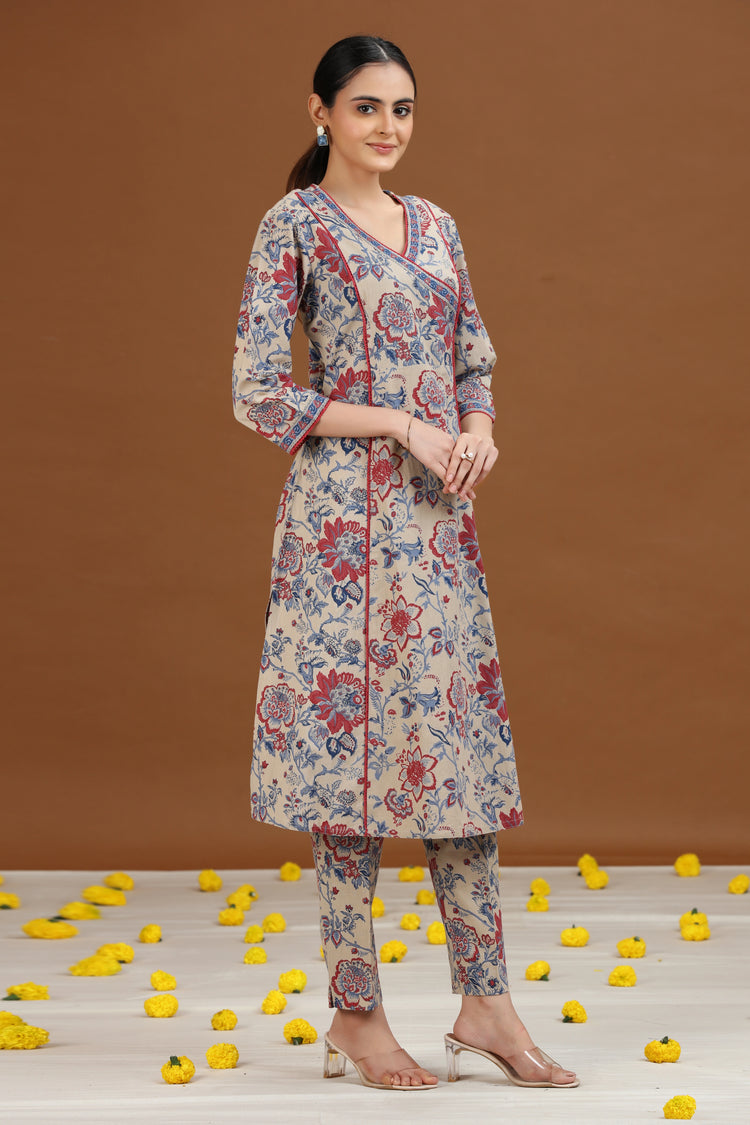 Off White Floral Printed A-Line Cotton Co-ord Set