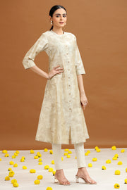 Off White Floral Printed A-Line Kurta