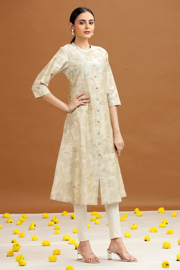 Off White Floral Printed A-Line Kurta