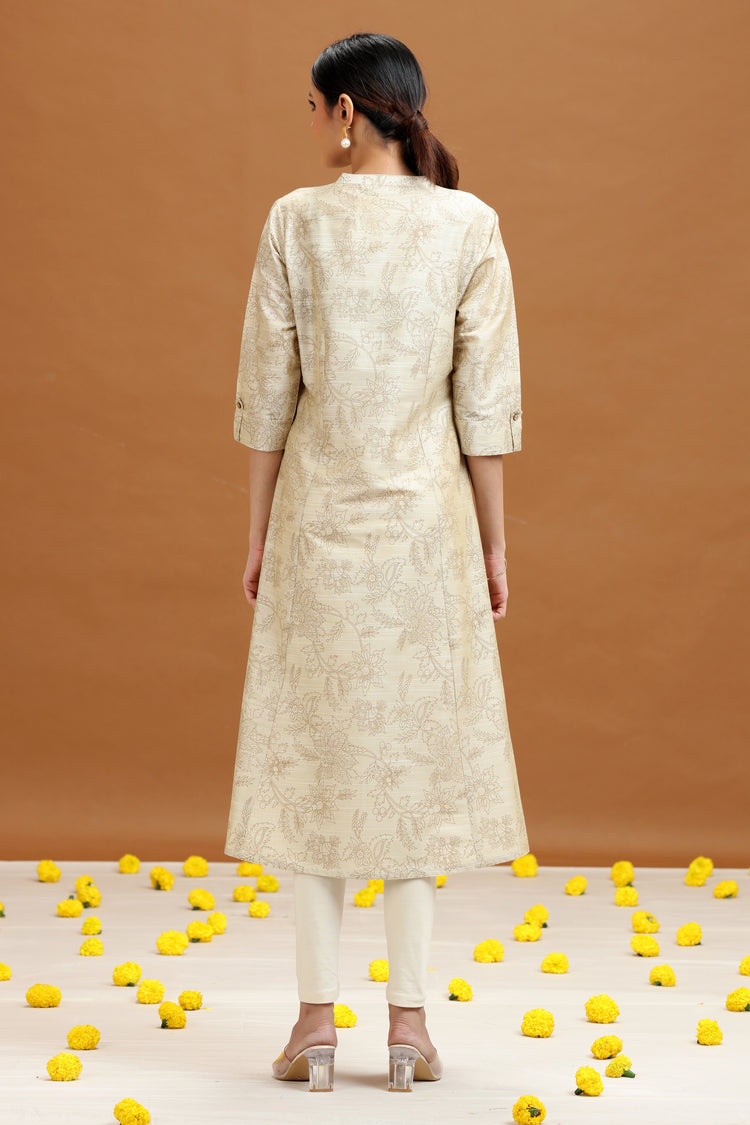 Off White Floral Printed A-Line Kurta