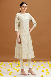 Off White Floral Printed A-Line Kurta