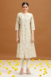 Off White Floral Printed A-Line Kurta
