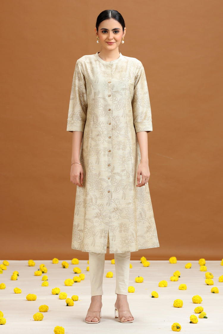 Off White Floral Printed A-Line Kurta