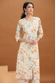 Off White Floral Printed Cotton A-Line Co-ord Set