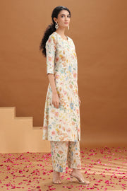 Off White Floral Printed Cotton A-Line Co-ord Set