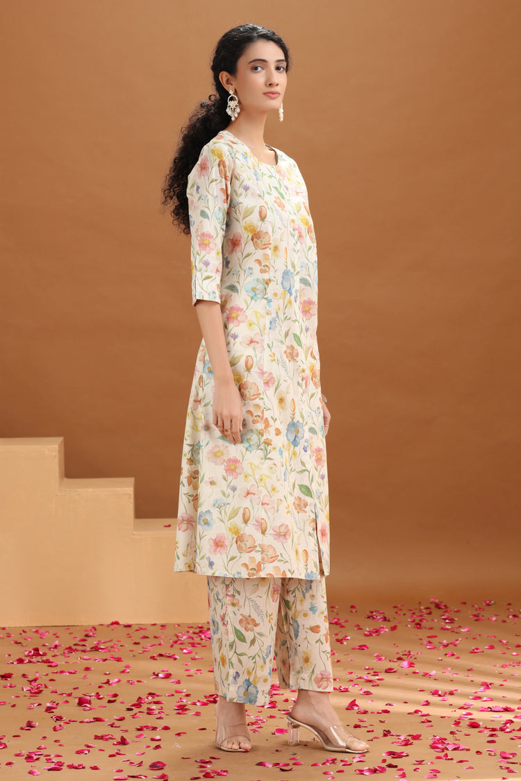 Off White Floral Printed Cotton A-Line Co-ord Set