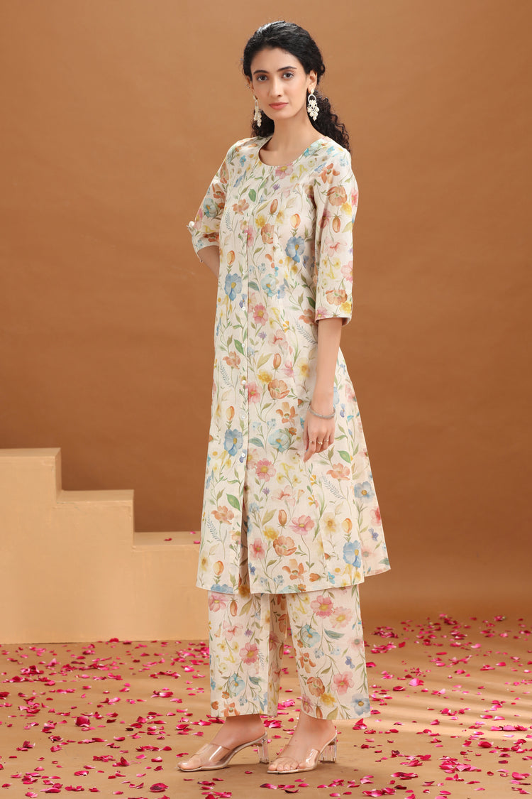 Off White Floral Printed Cotton A-Line Co-ord Set