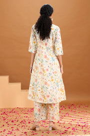 Off White Floral Printed Cotton A-Line Co-ord Set