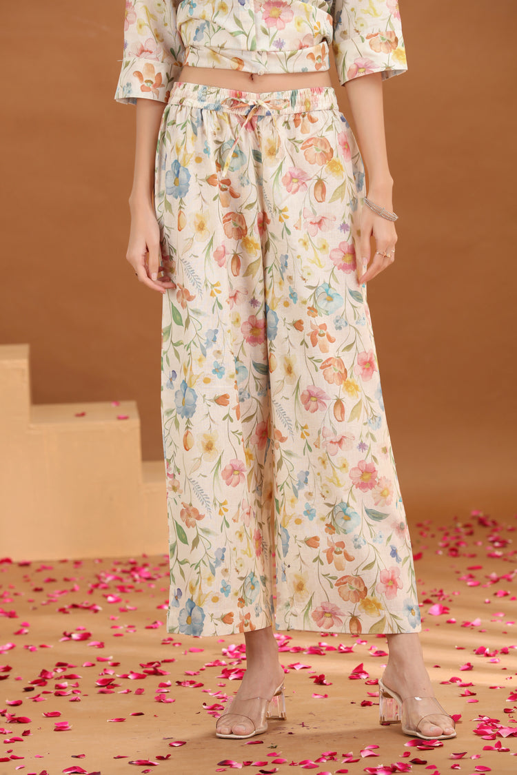 Off White Floral Printed Cotton A-Line Co-ord Set