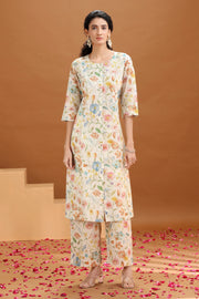 Off White Floral Printed Cotton A-Line Co-ord Set