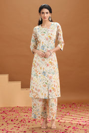 Off White Floral Printed Cotton A-Line Co-ord Set