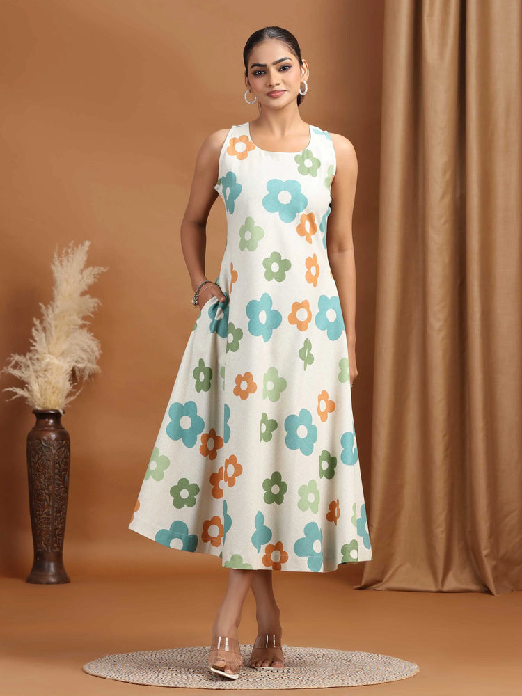 Off White Floral Printed Cotton A-Line Dress