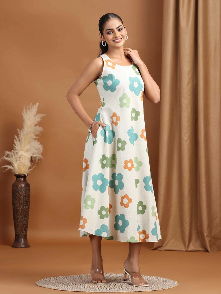 Off White Floral Printed Cotton A-Line Dress