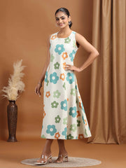 Off White Floral Printed Cotton A-Line Dress