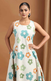 Off White Floral Printed Cotton A-Line Dress