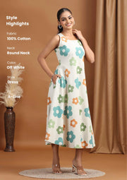 Off White Floral Printed Cotton A-Line Dress