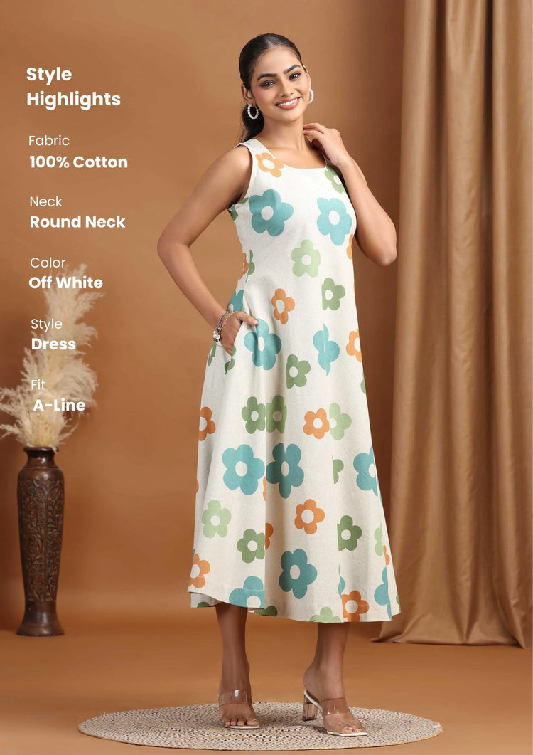 Off White Floral Printed Cotton A-Line Dress