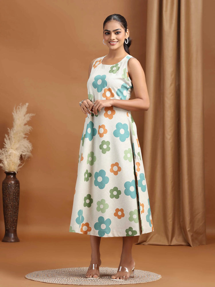 Off White Floral Printed Cotton A-Line Dress