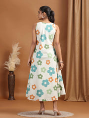 Off White Floral Printed Cotton A-Line Dress