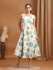Off White Floral Printed Cotton A-Line Dress