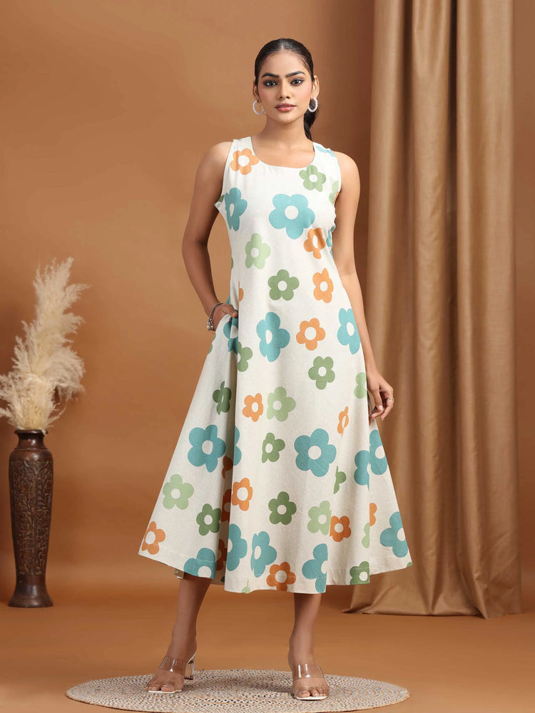 Off White Floral Printed Cotton A-Line Dress