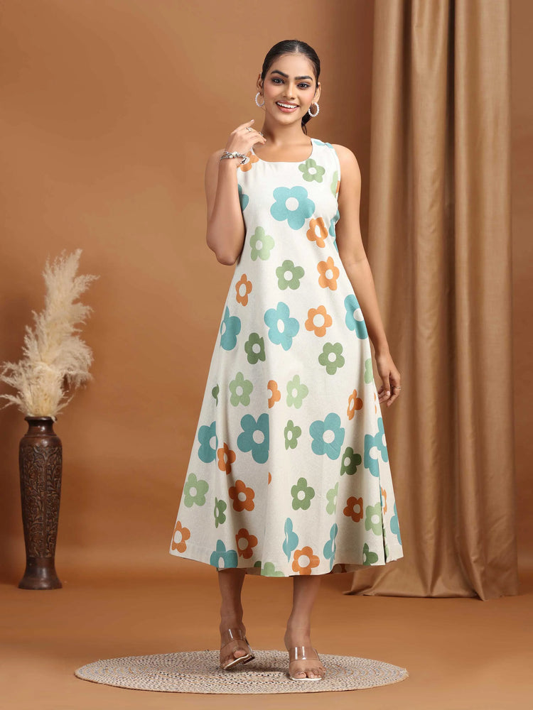 Off White Floral Printed Cotton A-Line Dress