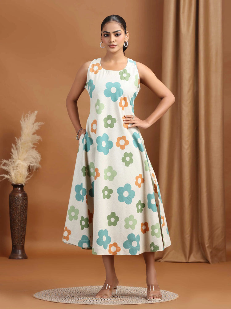 Off White Floral Printed Cotton A-Line Dress