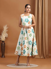 Off White Floral Printed Cotton A-Line Dress