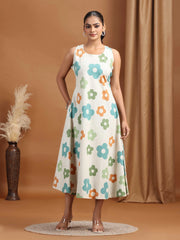 Woman wearing a floral dress against a brown background