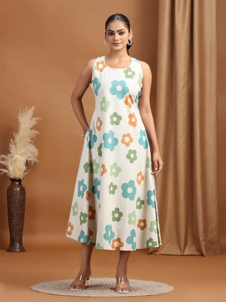 Woman wearing a floral dress against a brown background