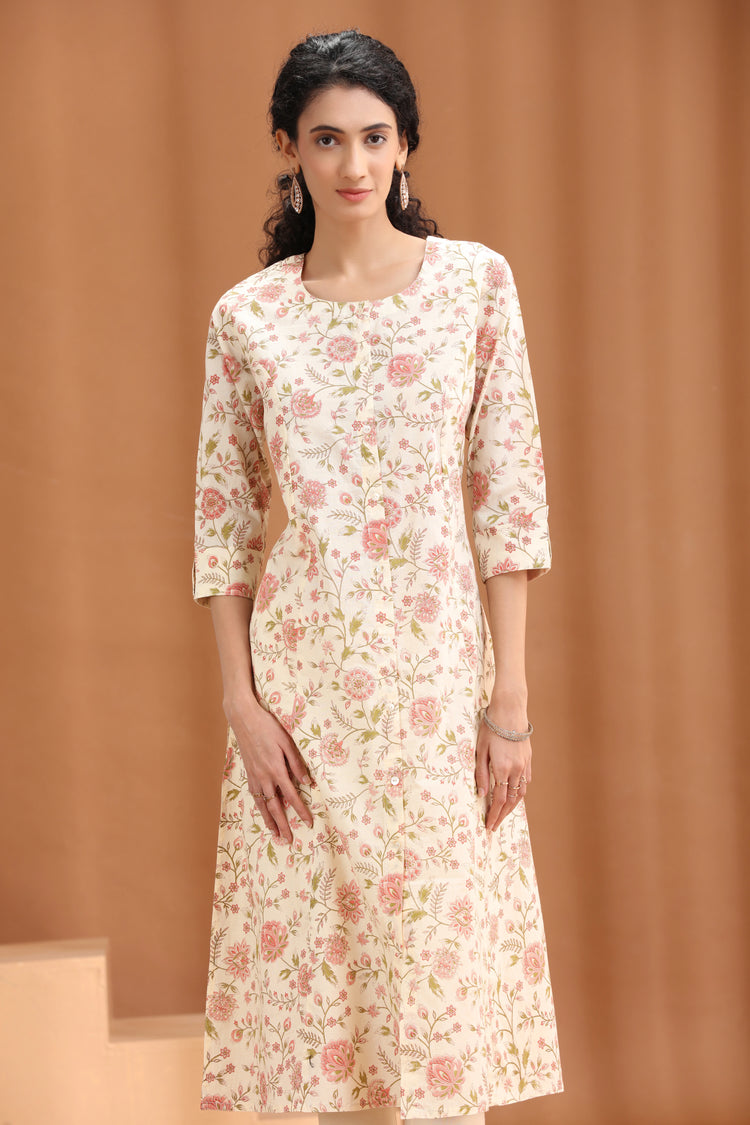 Off White Floral Printed Straight Kurta