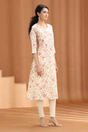 Off White Floral Printed Straight Kurta