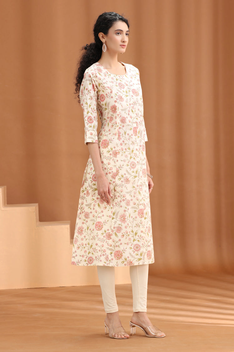 Off White Floral Printed Straight Kurta