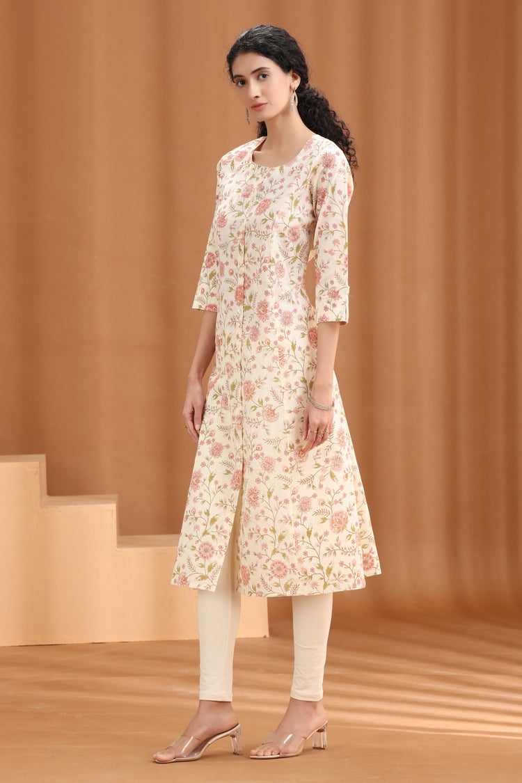 Off White Floral Printed Straight Kurta