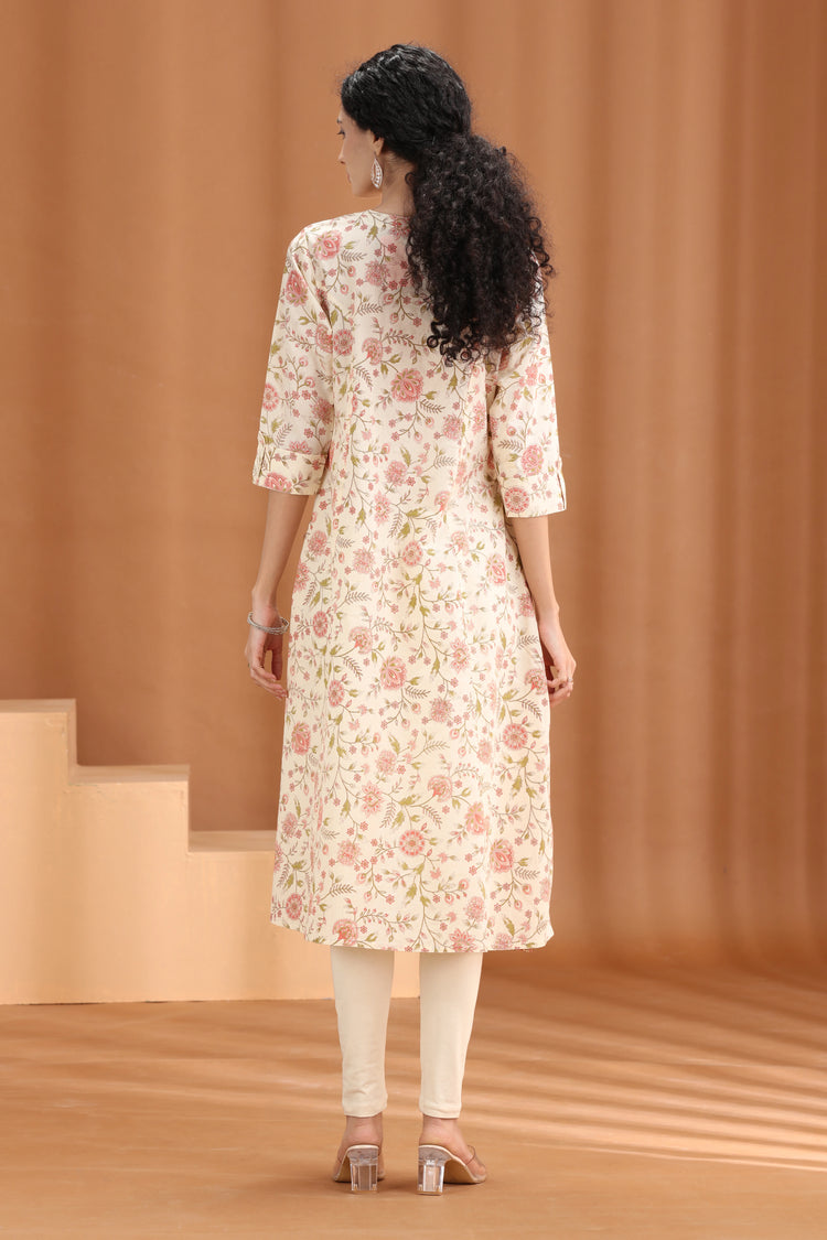 Off White Floral Printed Straight Kurta