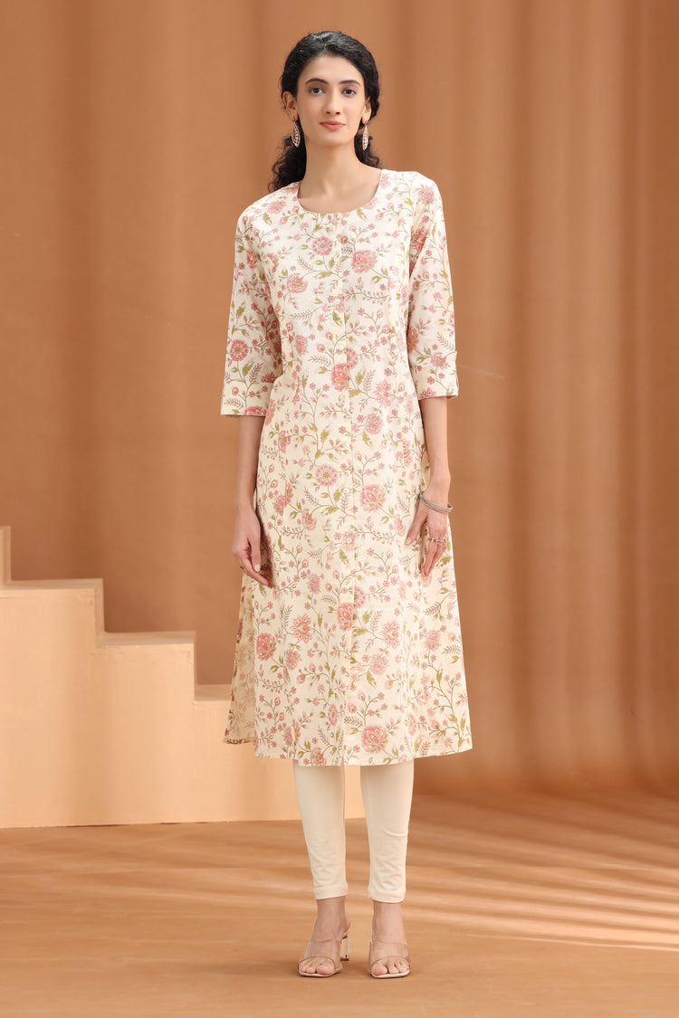 Off White Floral Printed Straight Kurta
