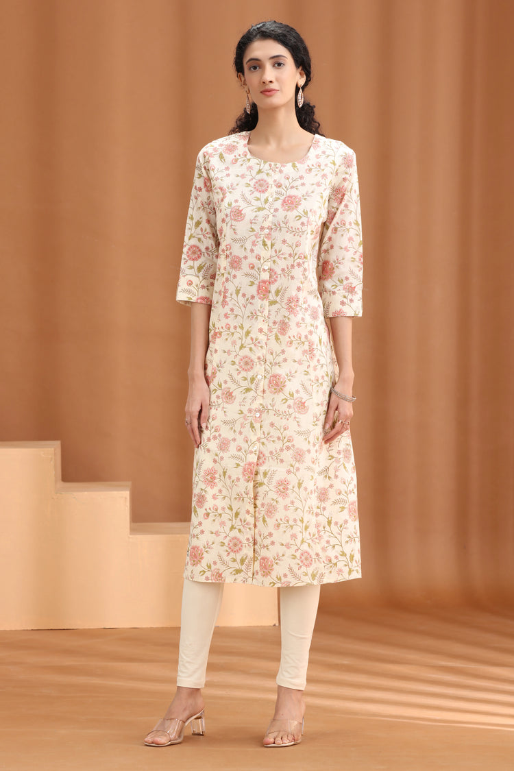 Off White Floral Printed Straight Kurta