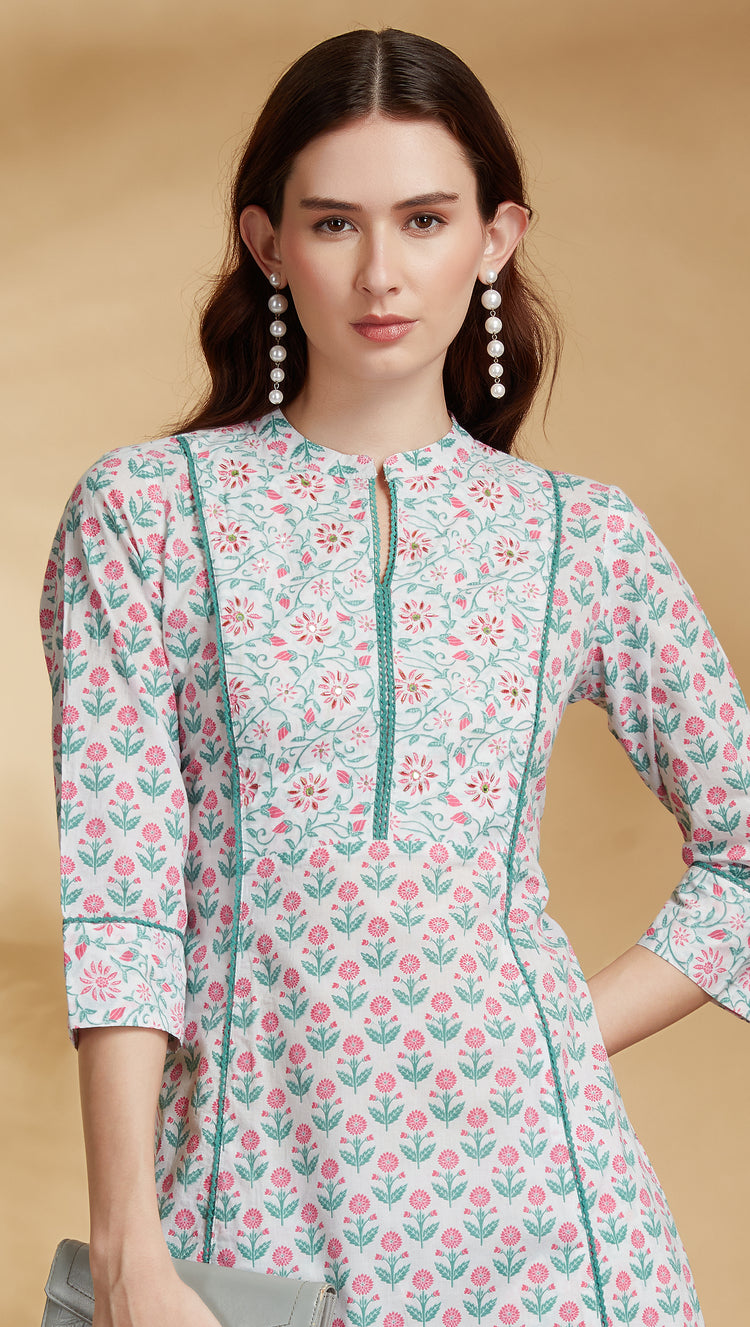 Off White Printed A-Line Cotton Co-ord Set for women