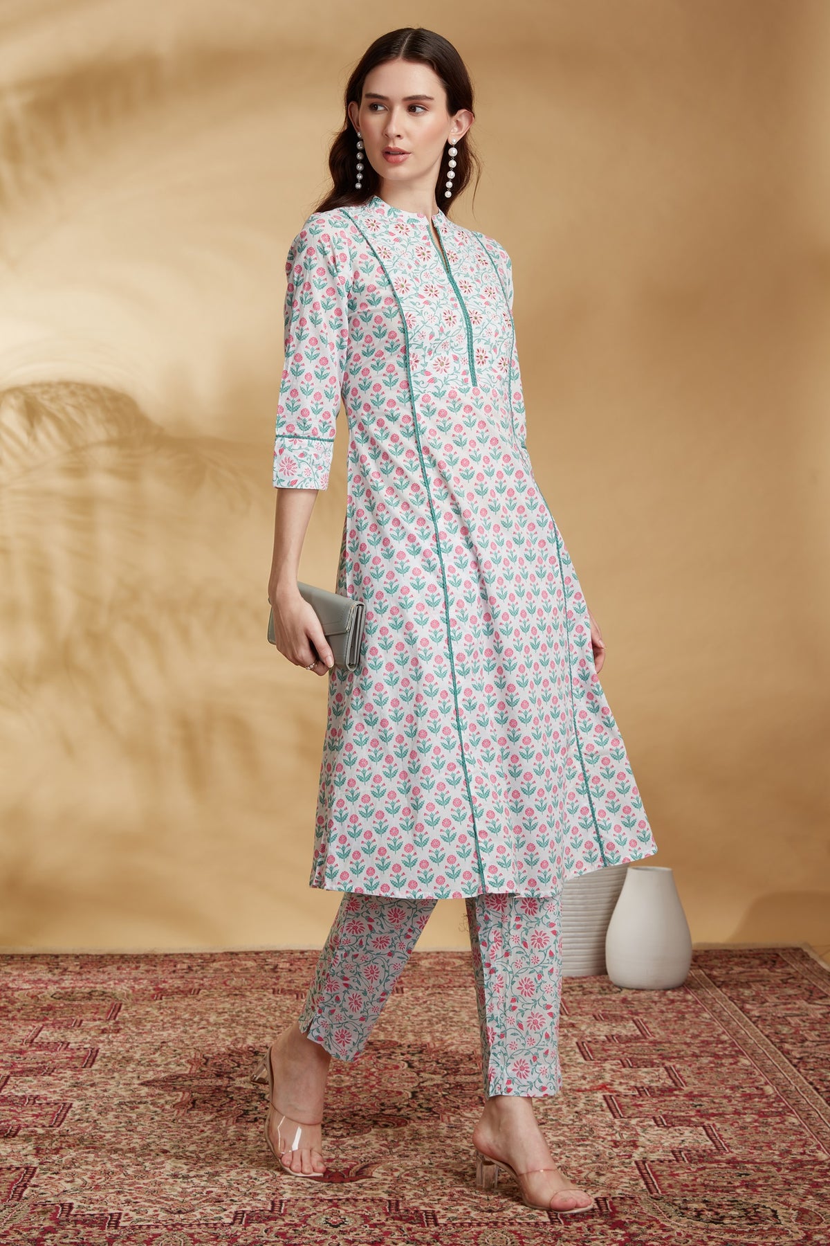 Off White Printed A-Line Cotton Co-ord Set for women