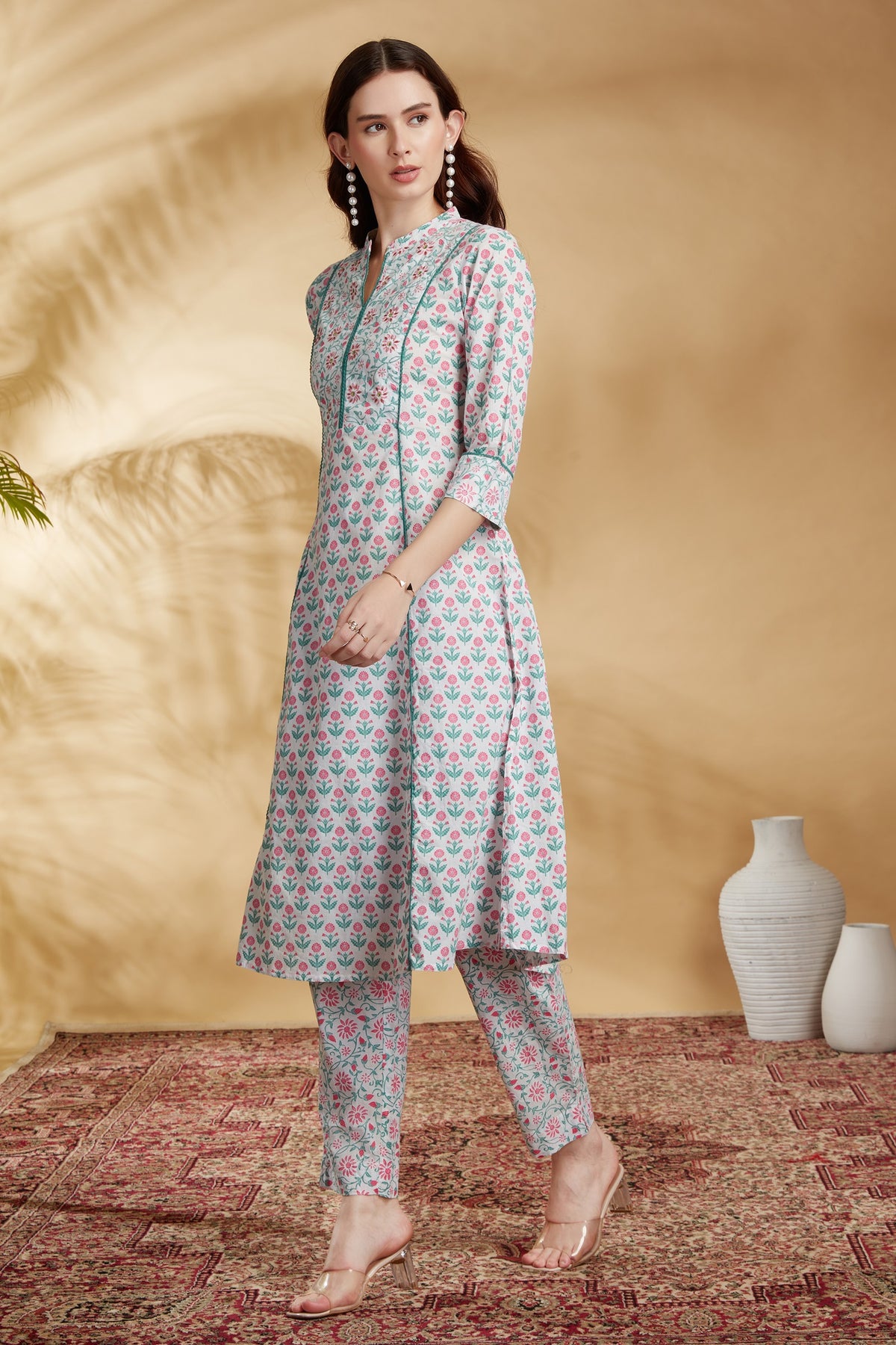 Off White Printed A-Line Cotton Co-ord Set for women