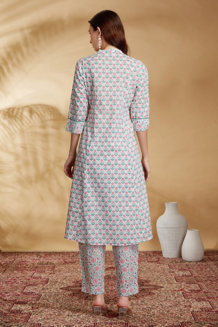 Off White Printed A-Line Cotton Co-ord Set for women