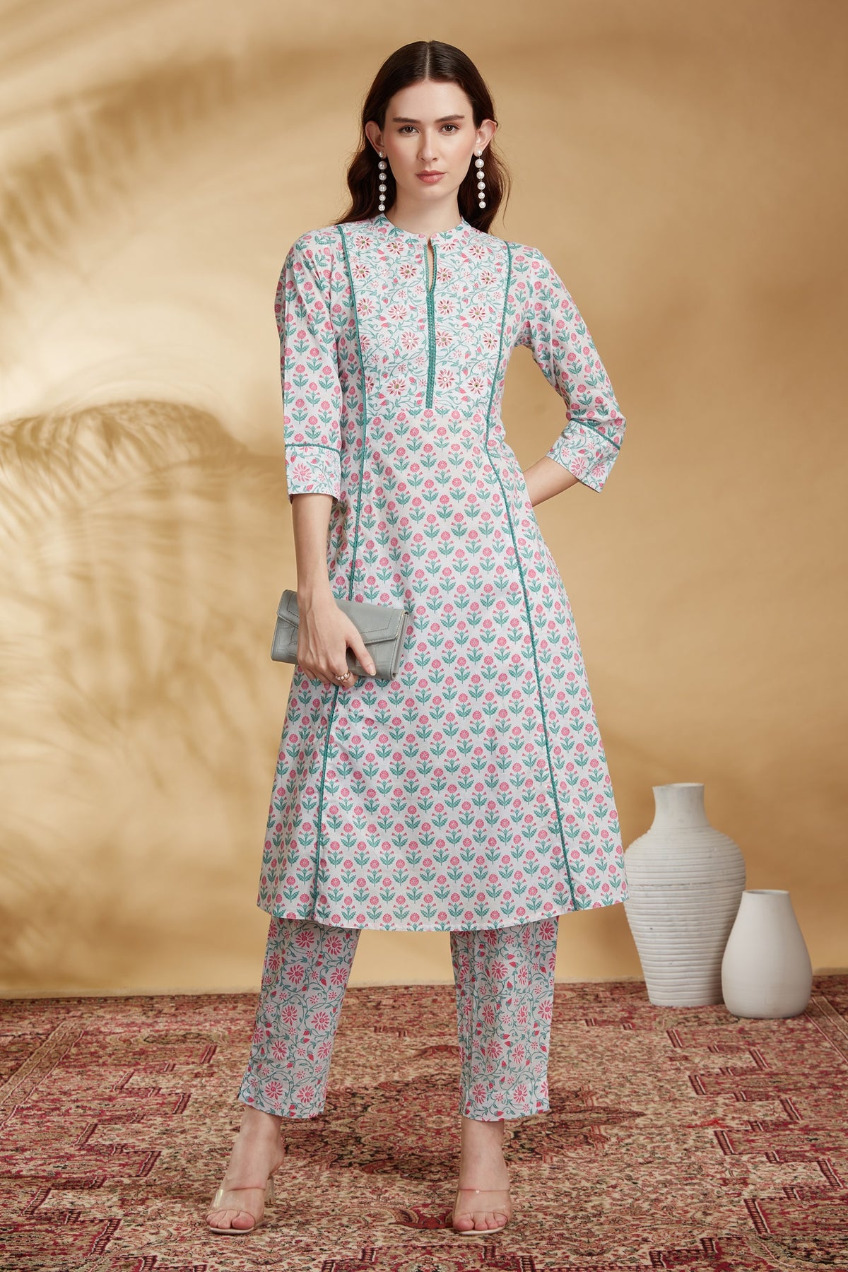 Off White Printed A-Line Cotton Co-ord Set for women