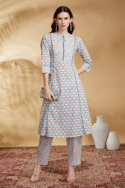 Off White Printed A-Line Cotton Co-ord Set for women