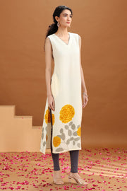 Off White Floral Printed A Line Kurta