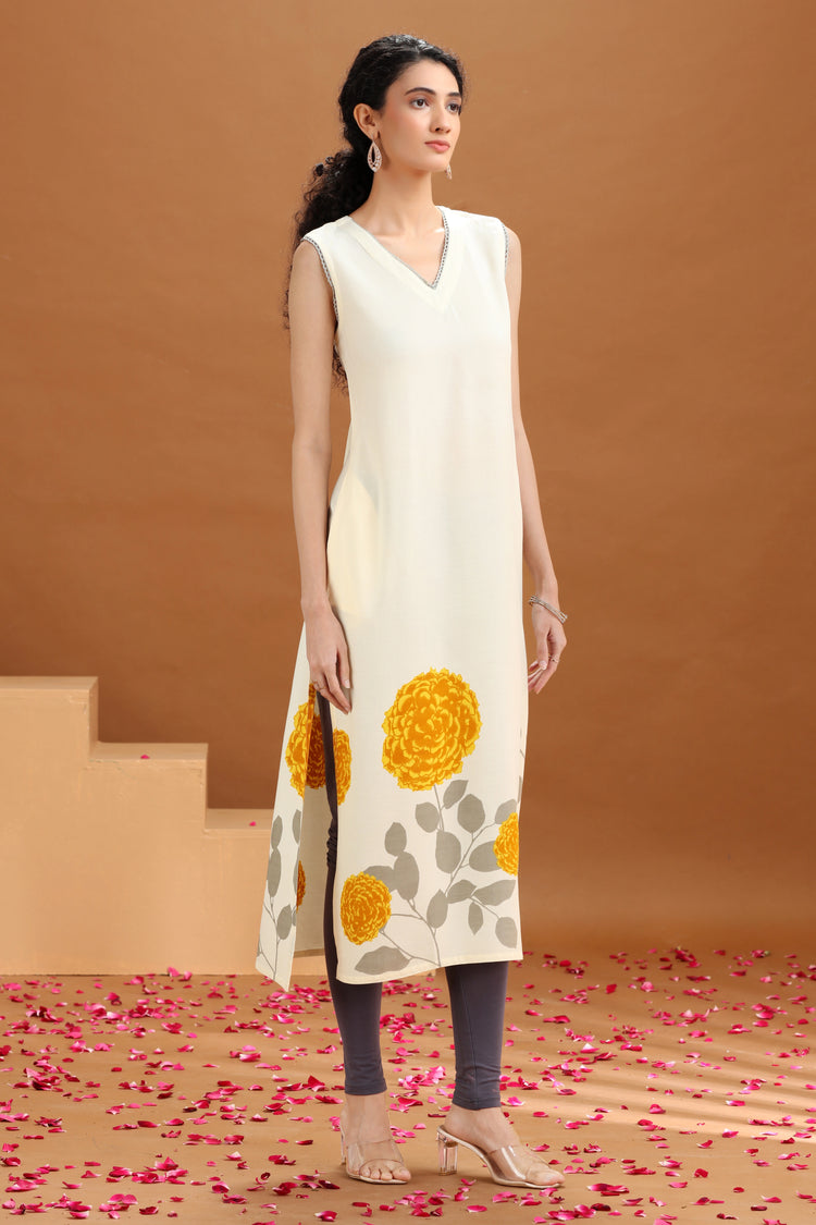 Off White Floral Printed A Line Kurta